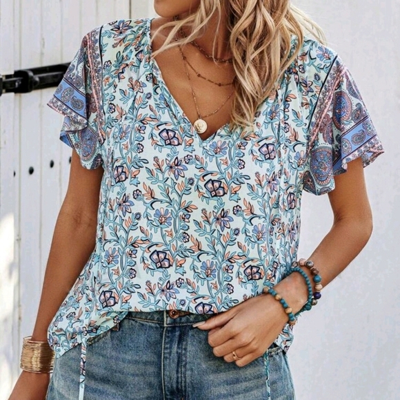 * New Boho Tribal Floral Print Tie Top Blouse Blue White - Picture 6 of 8